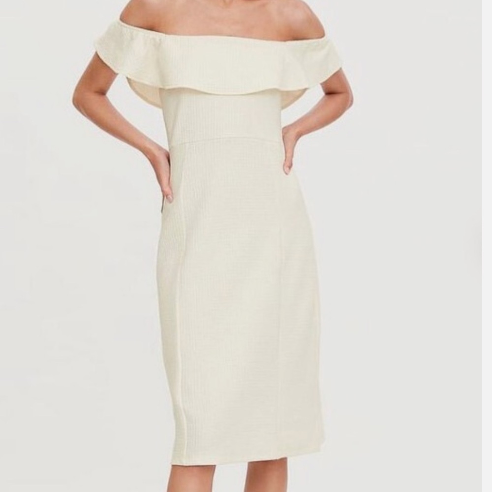Zara Textured Weave Sheath Midi White Dress Ruffle Off The Shoulder Bridal Small